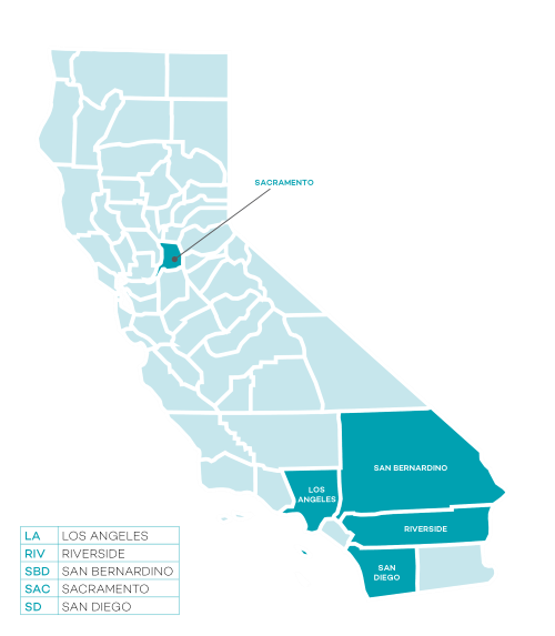 A light blue map of California with Sacramento, San Bernardino, Los Angeles, Riverside, and San Diego highlighted in dark blue. There is a legend on the bottom left which identifies each county highlighted.