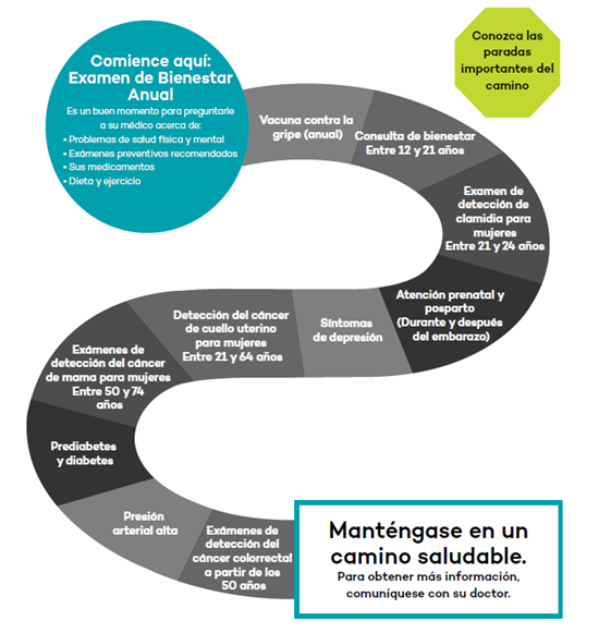 Comience aquí: Examen de bienestar anual. Es un buen momento para preguntarle a su doctor sobre lo siguiente: Problemas de salud física y mental. Exámenes preventivos recomendados. Sus medicamentos. Dieta y ejercicio. Vacúnese contra la gripe cada año. Realice consultas de atención médica entre los 12 y 21 años. Hágase un examen de clamidia entre los 21 y 24 años. Atención prenatal y de posparto durante y después del embarazo. Síntomas de depresión. Examen de cáncer de cuello uterino para mujeres entre los 21 y 64 años. Examen de cáncer de mama para mujeres entre los 50 y 74 años. Examen de prediabetes y diabetes. Examen de presión arterial alta. Examen de cáncer colorrectal a partir de los 50 años. Siga un camino sano. Comuníquese con su doctor para obtener más información.